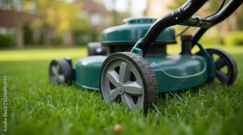 Fototapeta premium push lawn mower handle and wheels on freshly cut grass