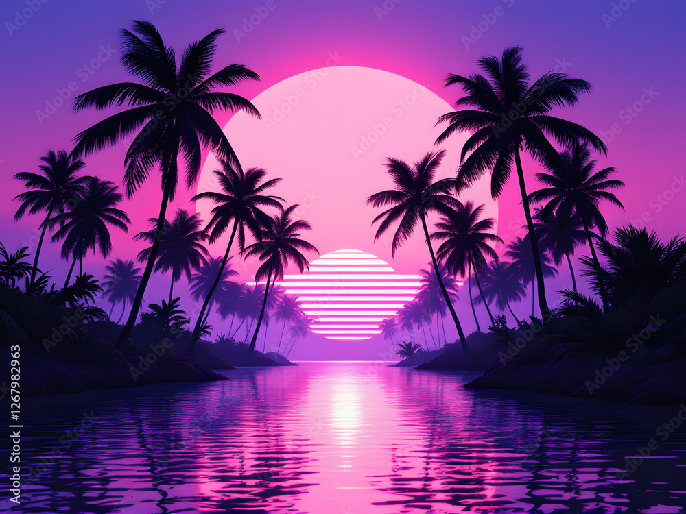 Fototapeta premium A vibrant neon sunset with palm trees, reflecting on water in a tropical paradise setting.