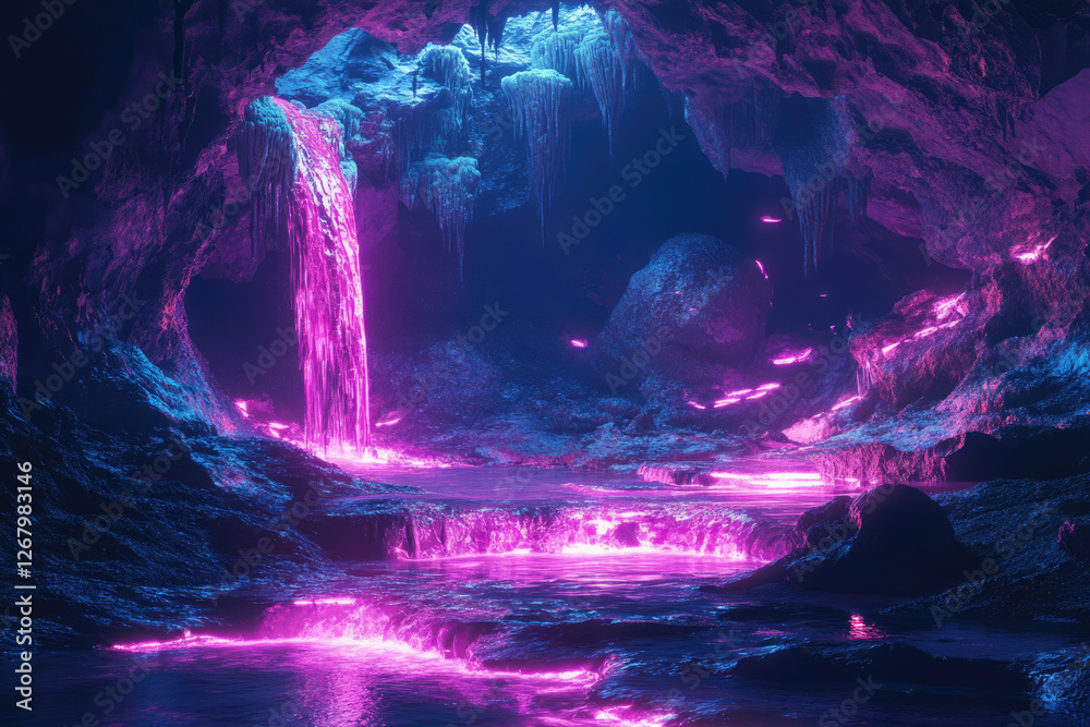 Neon-lit cave with a vibrant pink waterfall cascading into a glowing pool, creating an ethereal, otherworldly scene. Neon-lit cave with a vibrant pink waterfall cascading into a glowing pool, creating an ethereal, otherworldly scene.