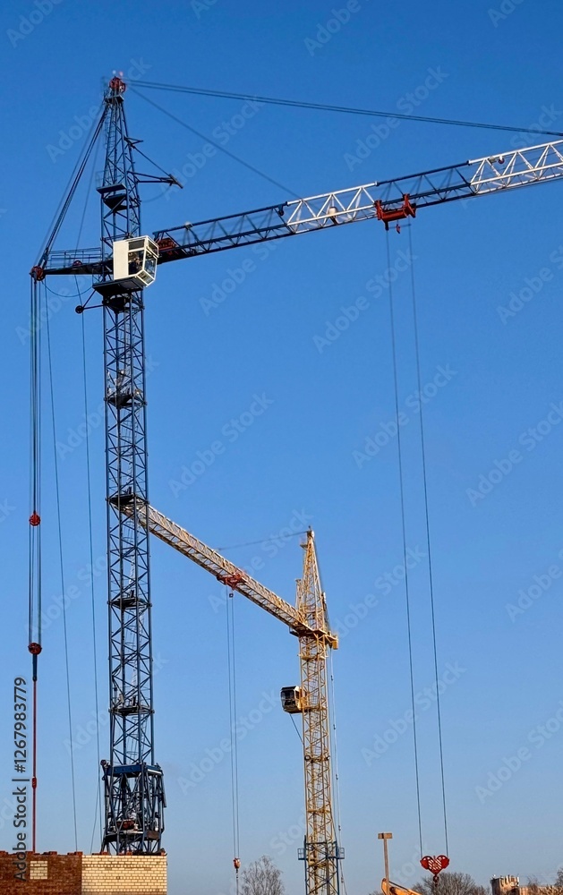 Construction cranes and builders work on the construction site outdoors in winter. Difficult work Construction cranes and builders work on the construction site outdoors in winter. Difficult work