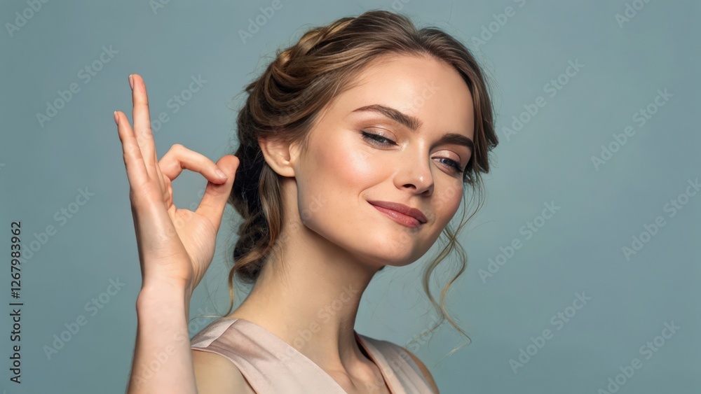 a beautiful young woman with a radiant smile and glowing skin. She is making the a beautiful young woman with a radiant smile and glowing skin. She is making the