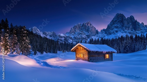 National Geographic A small wooden cabin in a snowy mountain valley at dawn.