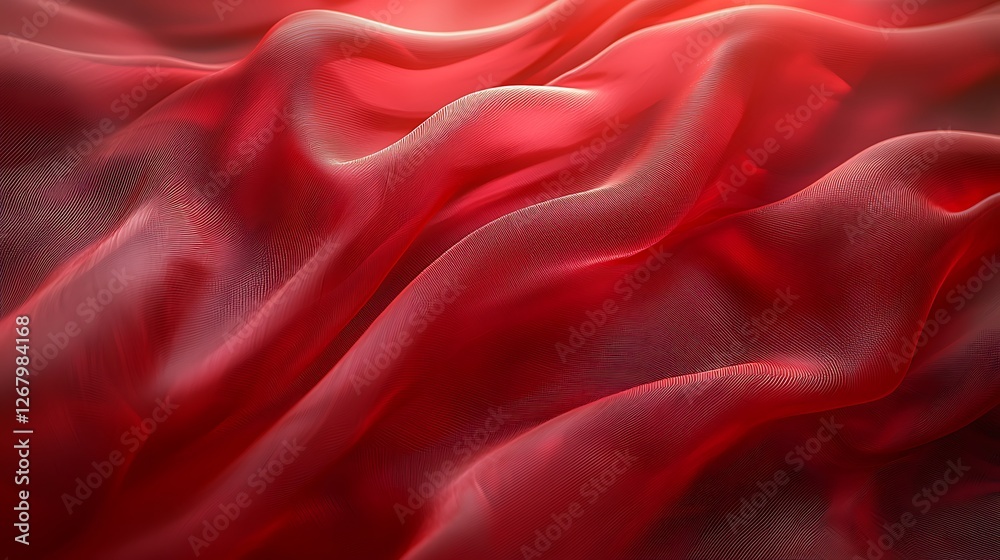 Fototapeta premium Red silk fabric drapes, studio shot, light background, texture design