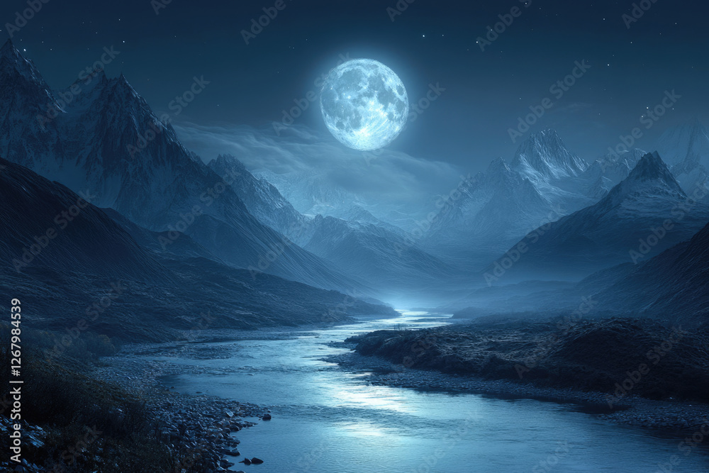 Obraz premium Serene moonlit landscape with a river flowing through majestic snow-capped mountains under a bright full moon.