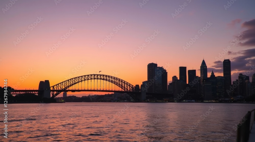 Fototapeta premium Sydney skyline during sunset, with warm colors reflecting off the water