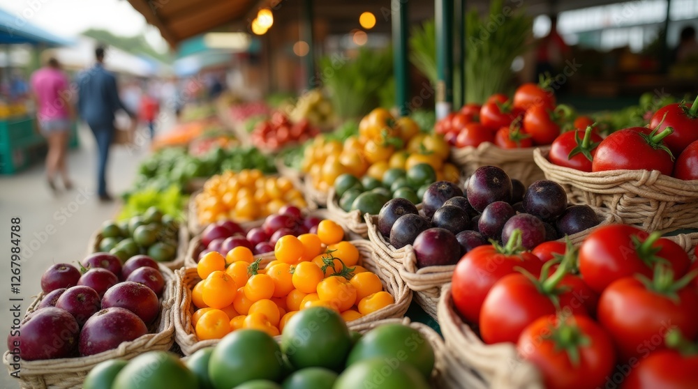 Vibrant agricultural produce display at a local fair, showcasing fresh fruits and vegetables Vibrant agricultural produce display at a local fair, showcasing fresh fruits and vegetables