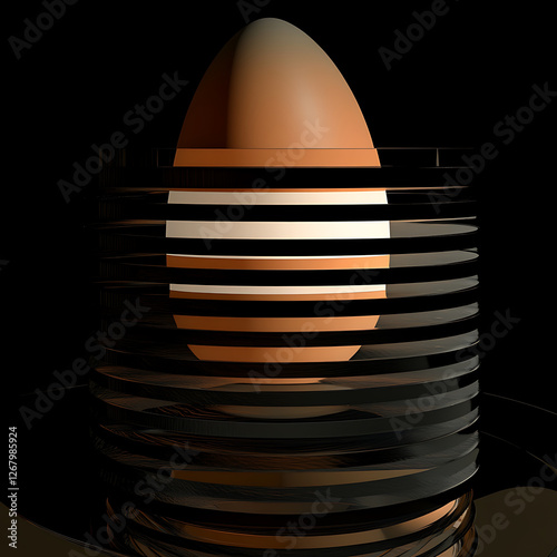 A gradient egg shape is dissected by dark reflective horizontal slices against a stark black background.
