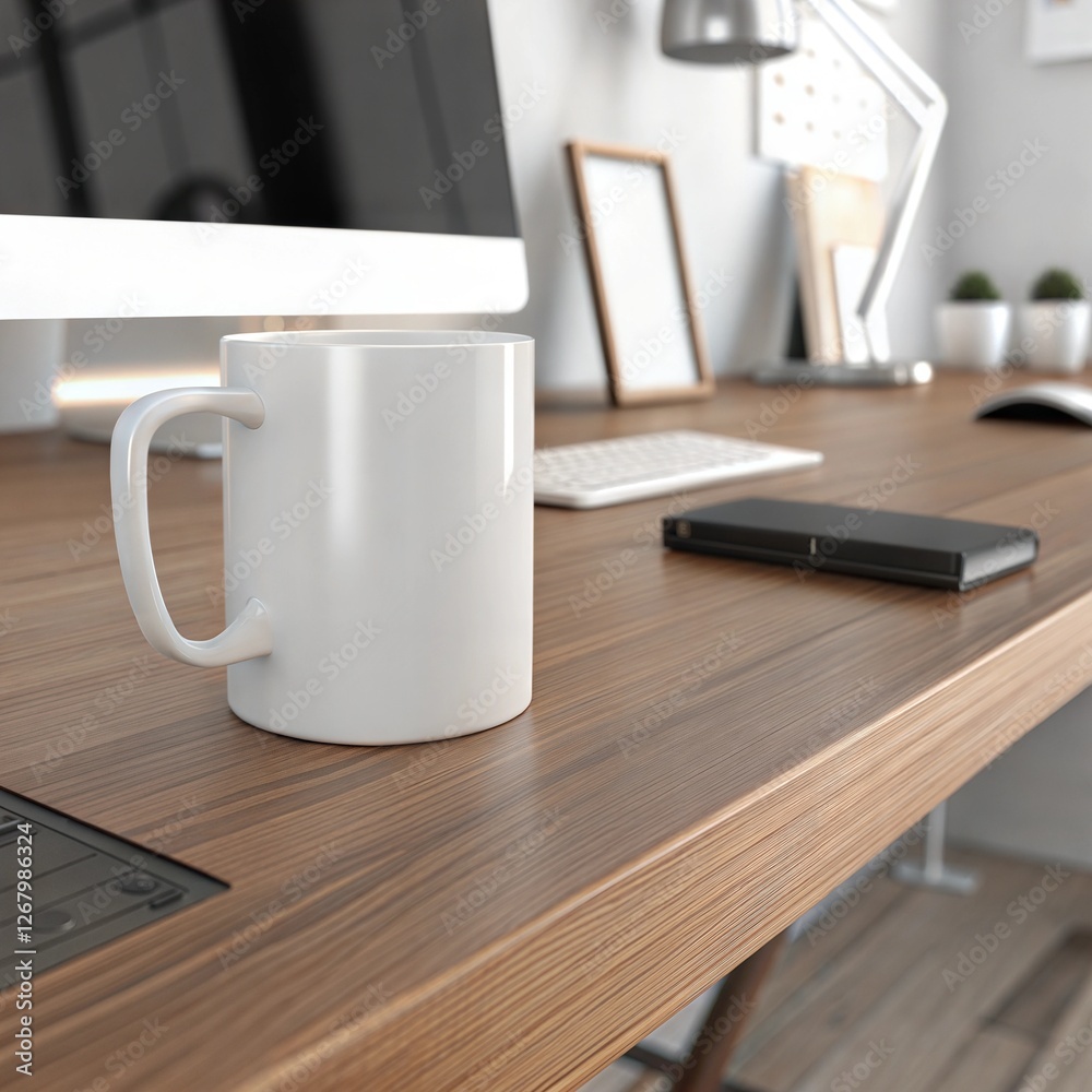 White mug on a wooden desk with a computer, keyboard, and smartphone in a modern office setting White mug on a wooden desk with a computer, keyboard, and smartphone in a modern office setting