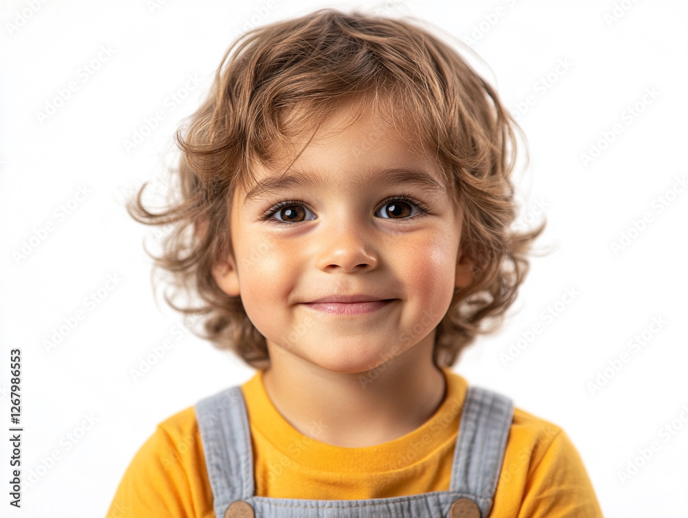 Smiling child with curly hair in a yellow shirt Smiling child with curly hair in a yellow shirt