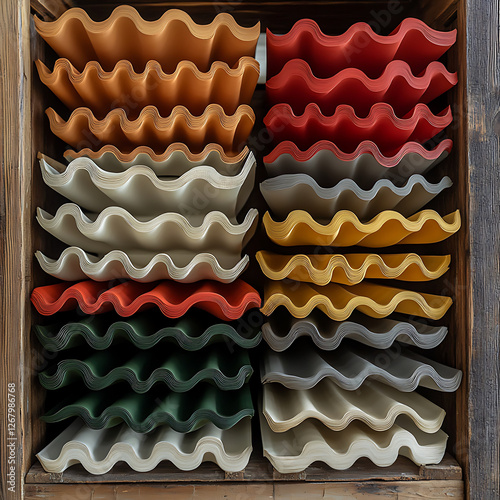 Colorful corrugated roofing material stacked in a weathered wooden shelf displaying textures and various vibrant hues. photo