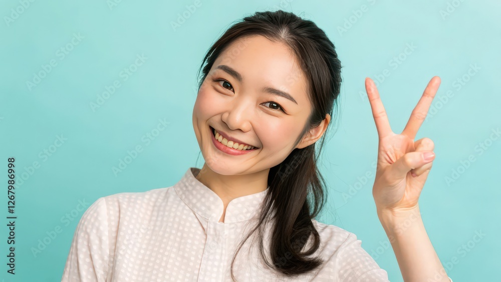 Smiling young woman showing peace sign against a light blue background Smiling young woman showing peace sign against a light blue background