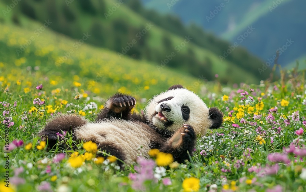 Obraz premium National Geographic Playful Baby Panda rolling in a field of wildflowers, soft green mountains in the background