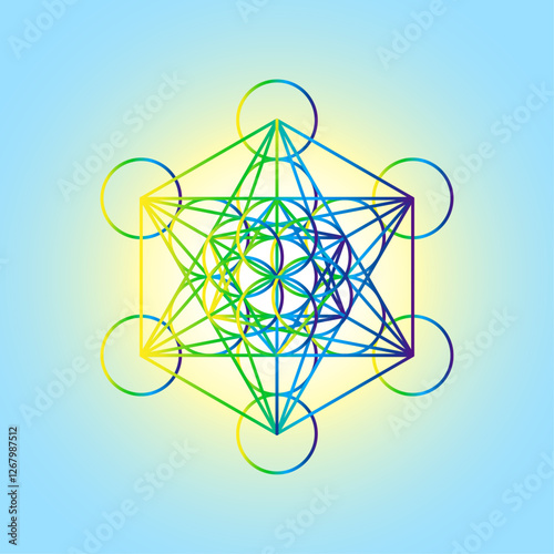 The Metatron cube. Sacred Geometry, stroke vector, a mystical symbol, derived from the Flower of Life. All thirteen circles are connected with straight lines. 