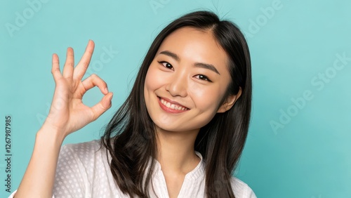 a young woman smiling and giving the ok sign with her hand. she is dressed in white and standing against a light blue background