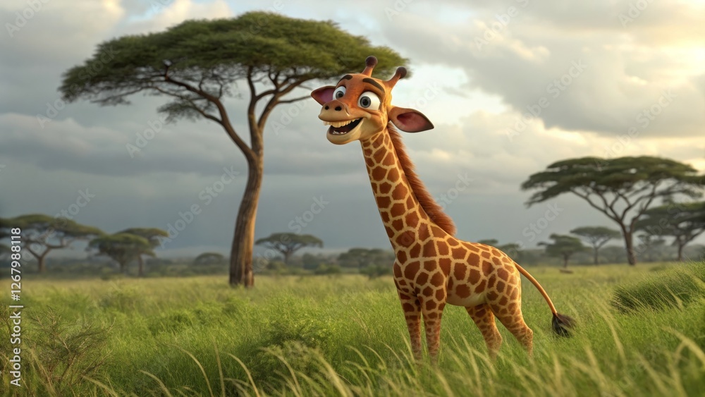 Naklejka premium Playful cartoon giraffe in serengeti grasslands animation nature scene sunny sky whimsical character