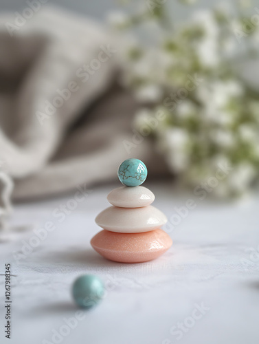 Small tower of colorful smooth stones topped with a turquoise marble against a soft neutral background.