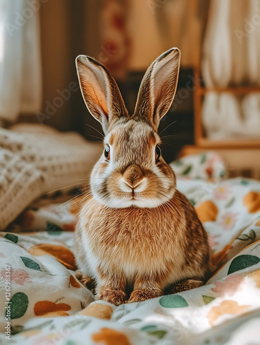 A fluffy brown bunny sits upright on a floral blanket looking directly at the viewer with alert inquisitive eyes.