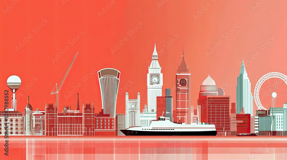 Fototapeta premium Charming Illustration of London Skyline Featuring Iconic Landmarks Against a Vibrant Background