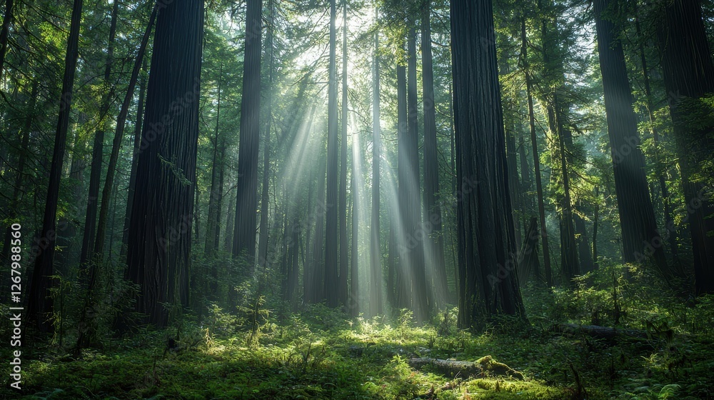 Fototapeta premium , National Geographic Towering redwood forest with sunlight piercing through the dense canopy, illuminating the mossy forest floor.