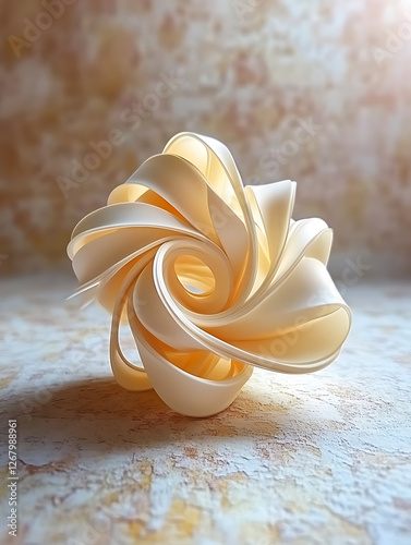 Abstract form of layered curving planes in light peach tones against a mottled background.