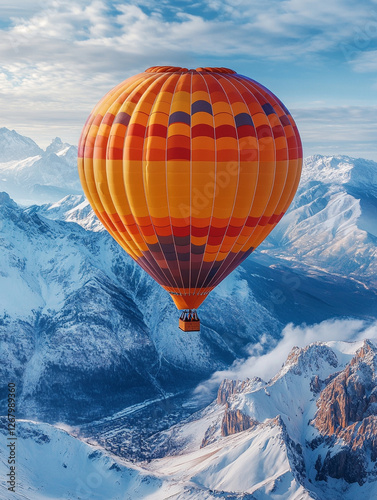 Colorful hot air balloon soaring over snow-capped mountains