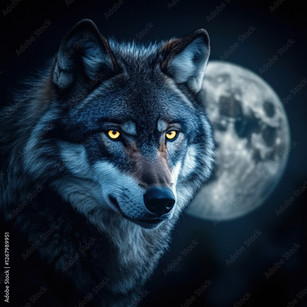 Majestic wolf stands beneath a full moon in a dark nighttime landscape. Generative AI