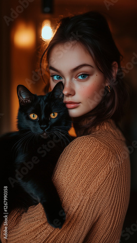 Young woman holding a black cat in warm indoor lighting