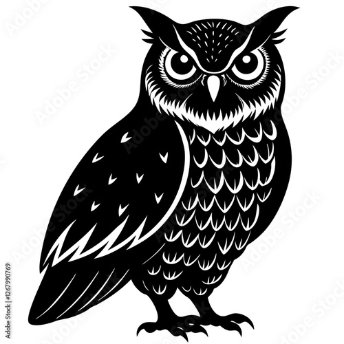 great horned owl bird black silhouette vector, Simple silhouette Design vector icon with white background. Wild Animal Vector. Bird Vector 
