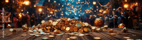 A dazzling pile of gold coins on a wooden table, illuminated by soft lights in a festive atmosphere.