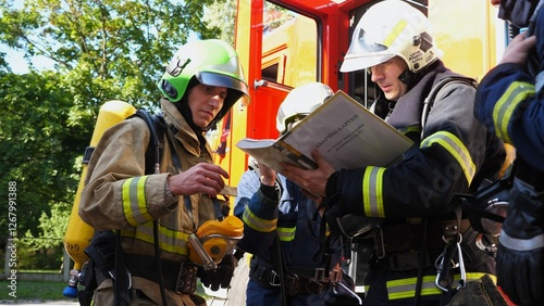 Male firefighters in protective uniforms discuss rescue plan looking at paper instructions near fire truck. Young firemen prepare to extinguishing fire against the background of big red car. Slow mo photo