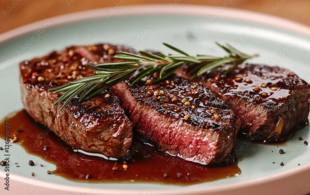 Seared steak with rosemary sprigs and glossy sauce motion on a pastel plate Seared steak with rosemary sprigs and glossy sauce motion on a pastel plate