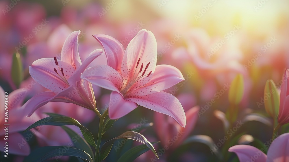 Fototapeta premium Vibrant pink lilies blooming under soft sunlight in a serene garden setting during summer