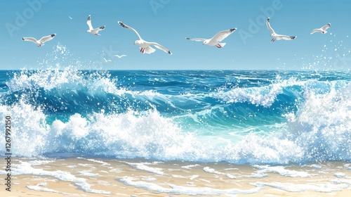 Seagulls flying over crashing waves at a sunny beach during midday
