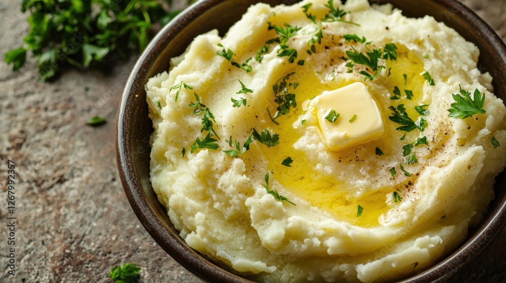 A bowl of fluffy mashed potatoes with melted butter and fresh parsley. A bowl of fluffy mashed potatoes with melted butter and fresh parsley.