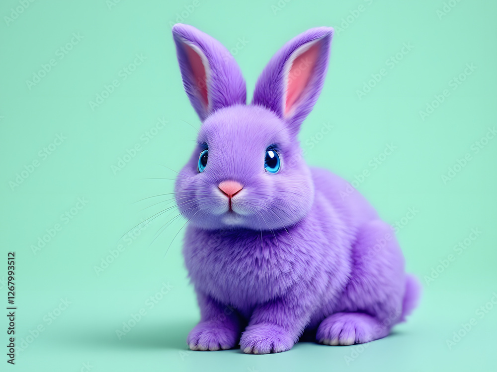 A fluffy purple bunny with blue eyes sits on a green background, exuding charm and cuteness. A fluffy purple bunny with blue eyes sits on a green background, exuding charm and cuteness.