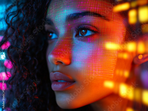 Close-up portrait of a woman with colorful lighting effects