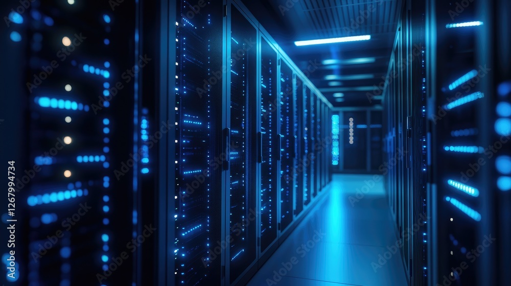 A futuristic data center with glowing blue server racks, symbolizing advanced cloud computing and cybersecurity. Ideal for technology, networking, and digital infrastructure concepts