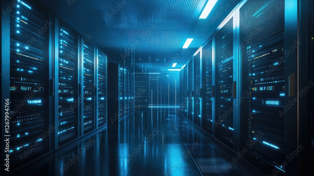 A futuristic data center with illuminated server racks and a sleek high-tech environment, representing cloud computing, cybersecurity, and digital infrastructure. Ideal for technology and networking A futuristic data center with illuminated server racks and a sleek high-tech environment, representing cloud computing, cybersecurity, and digital infrastructure. Ideal for technology and networking