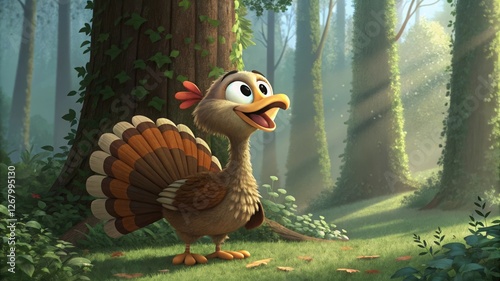 Joyful turkey celebrates in lush forest animated character bright and playful environment photo