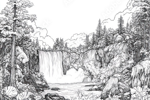 Waterfall drawing in forest. Water flowing over cliff, into pool. Trees background. Coloring book page photo