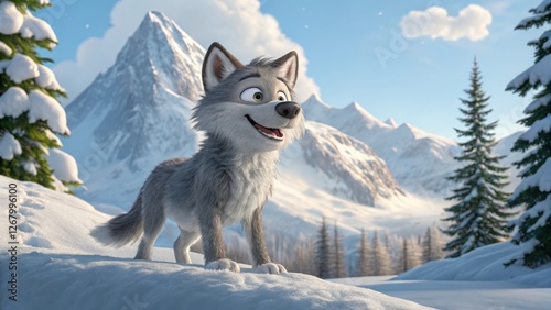 Playful cartoon wolf in snowy mountain landscape animated scene winter environment cheerful viewpoint