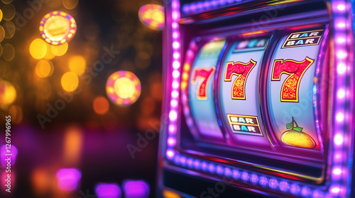 Vibrant slot machine with lucky sevens and colorful lights in a bustling casino environment at night