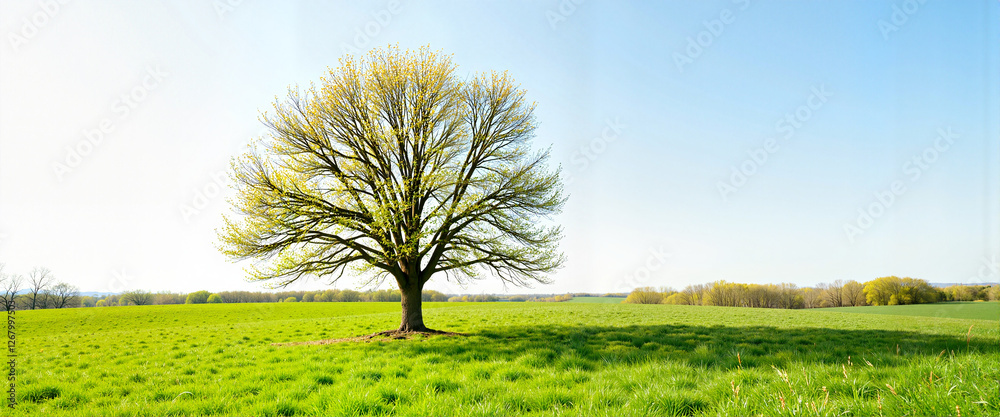 Obraz premium Budding tree in meadow under bright sky, nature's renewal