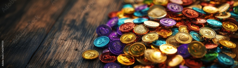 A vibrant collection of colorful coins scattered on a wooden surface, creating a rich and festive visual display. A vibrant collection of colorful coins scattered on a wooden surface, creating a rich and festive visual display.