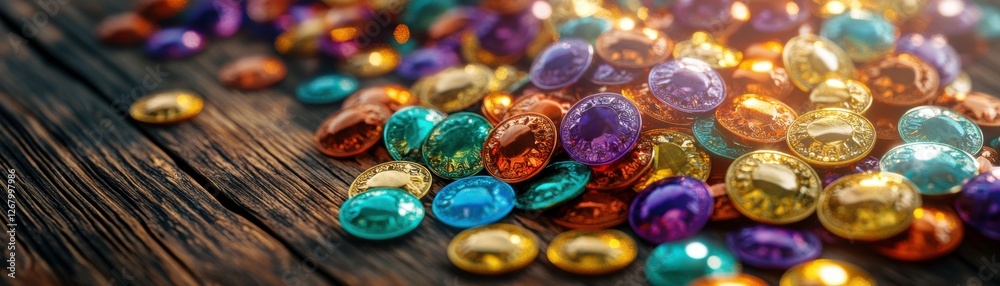 A vibrant collection of colorful chocolate coins scattered on a wooden surface, glistening in light. A vibrant collection of colorful chocolate coins scattered on a wooden surface, glistening in light.