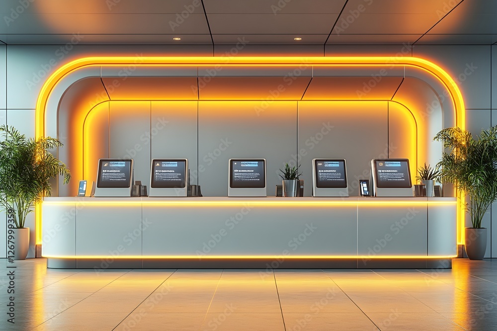 Obraz premium modern interior of a modern office Robot that is sitting at a counter in a store, banner, copy space
