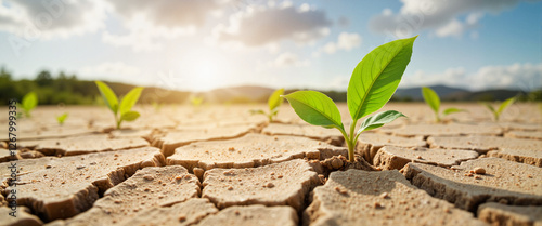 Young green shoots emerging from cracked dry earth, symbolizing resilience photo