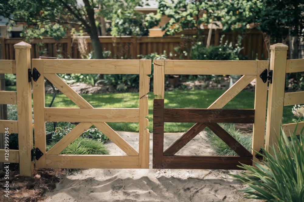 Wooden gate opening to a lush garden with green plants and a wooden fence in summer