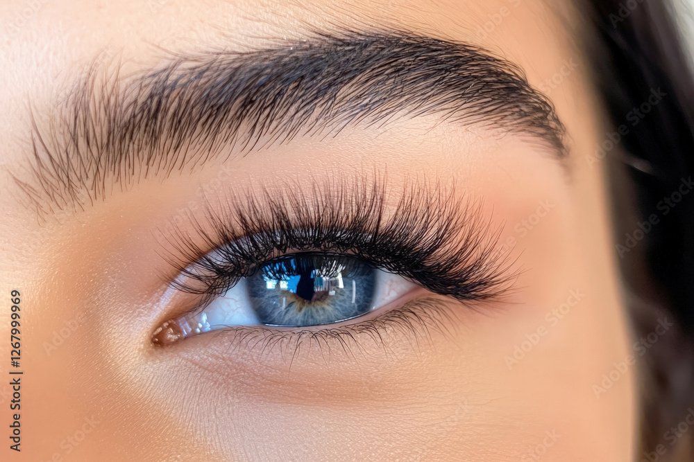 Obraz premium Close-up of a young woman's eye after an eyelash extension procedure, showcasing long, thick, and naturally styled lashes that enhance beauty without looking exaggerated.