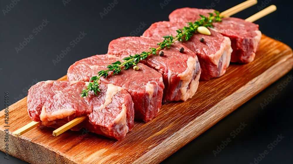 Fresh Raw Beef Skewers on Wooden Board with Herbs and Spices Fresh Raw Beef Skewers on Wooden Board with Herbs and Spices